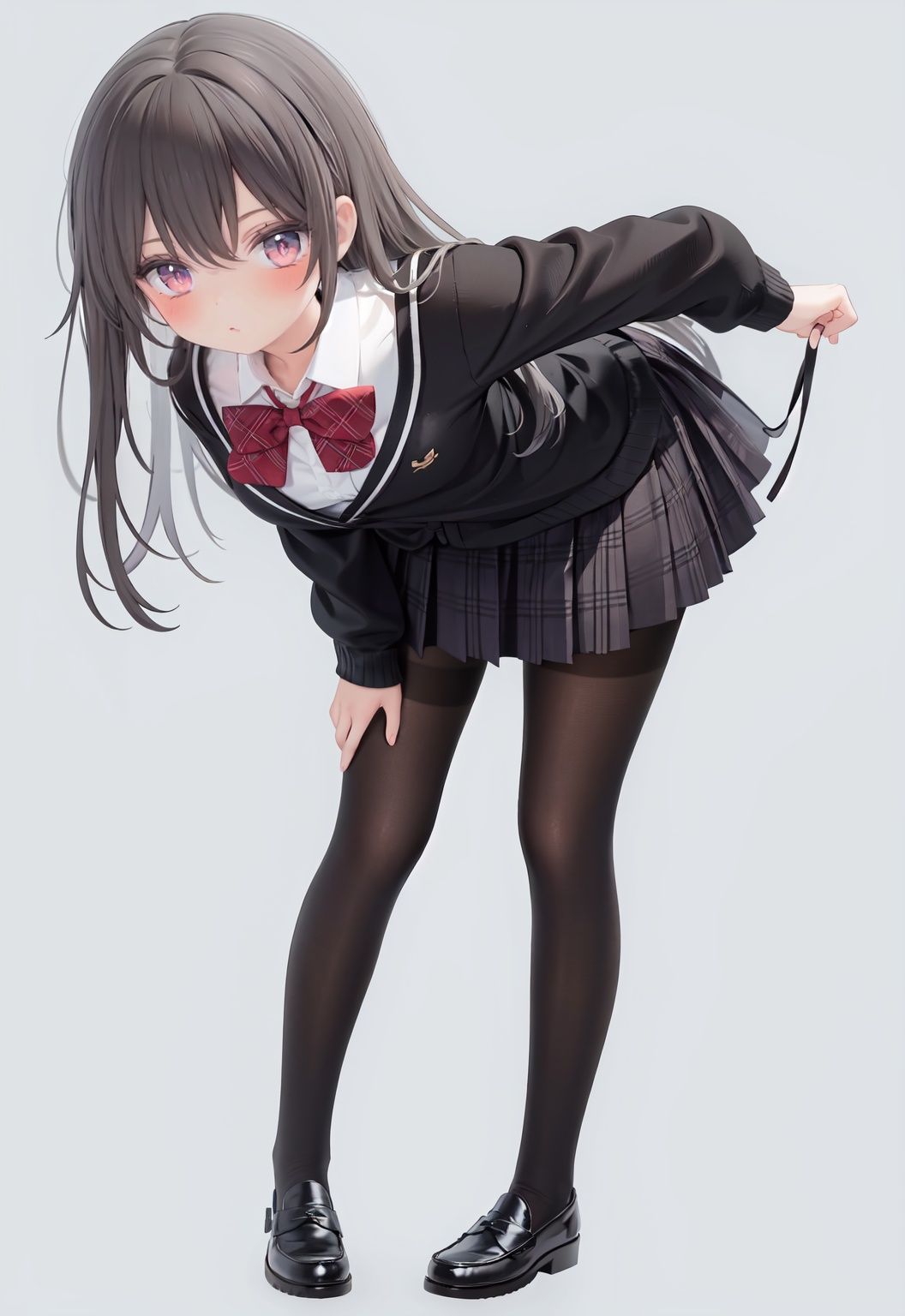  1girl, solo, pantyhose, skirt, long hair, loafers, shoes, simple background, school uniform, brown eyes, plaid, black pantyhose, plaid skirt, looking at viewer, black hair, pantyhose pull, full body, clothes pull, black footwear, pleated skirt, leaning forward, bangs, long sleeves, bent over, cardigan, bow, bowtie, standing, closed mouth, pulled by self, grey background, blush, miniskirt, red bow, sweater, **********