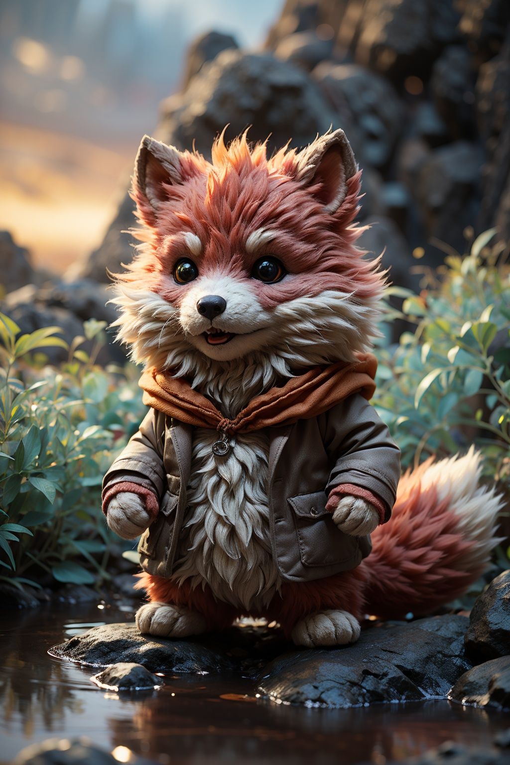 maorong fengge,unity 8k wallpaper,best quality,chibi,(worgen:1.3),masterpiece,(photorealistic:1.4),cloudy sky,cloud,standing,chanpingtu,sunlight,(looking at viewer:1.2),(ultra detailed:1.3),light rays,luozilan,flower,looking at viewer,<lora:调亮度-2~2 add_brightness:0.6>,full body,scenery,cloud,sky,day,flower,outdoors,mountain,ocean wave,flowing water,<lora:maorongfengge:0.9>,