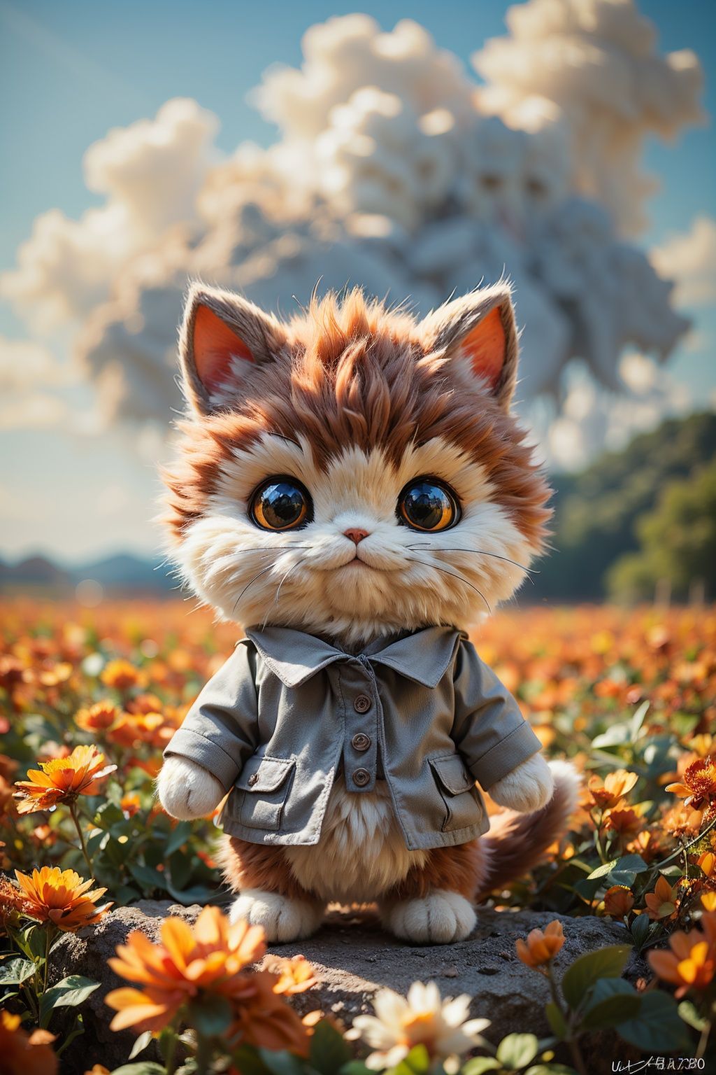 (cat girl:1.3),maorong fengge,unity 8k wallpaper,best quality,chibi,masterpiece,(photorealistic:1.4),cloudy sky,cloud,standing,chanpingtu,sunlight,(looking at viewer:1.2),(ultra detailed:1.3),light rays,luozilan,flower,looking at viewer,<lora:调亮度-2~2 add_brightness:0.6>,full body,scenery,cloud,sky,day,flower,outdoors,<lora:maorongfengge:0.7>,