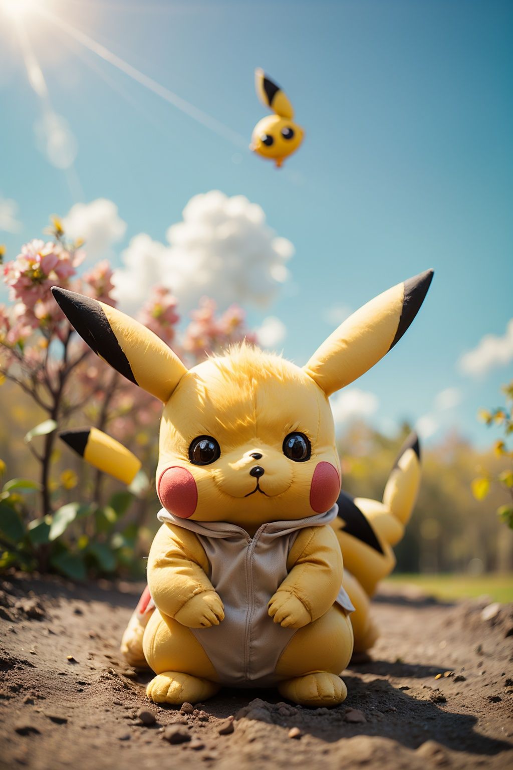 (pikachu (cosplay):1.4),unity 8k wallpaper,best quality,chibi,masterpiece,(photorealistic:1.4),cloudy sky,cloud,standing,maorong fengge,chanpingtu,sunlight,(looking at viewer:1.2),(ultra detailed:1.3),light rays,luozilan,flower,looking at viewer,<lora:调亮度-2~2 add_brightness:0.6>,full body,scenery,cloud,sky,day,flower,outdoors,<lora:maorongfengge:0.7>,