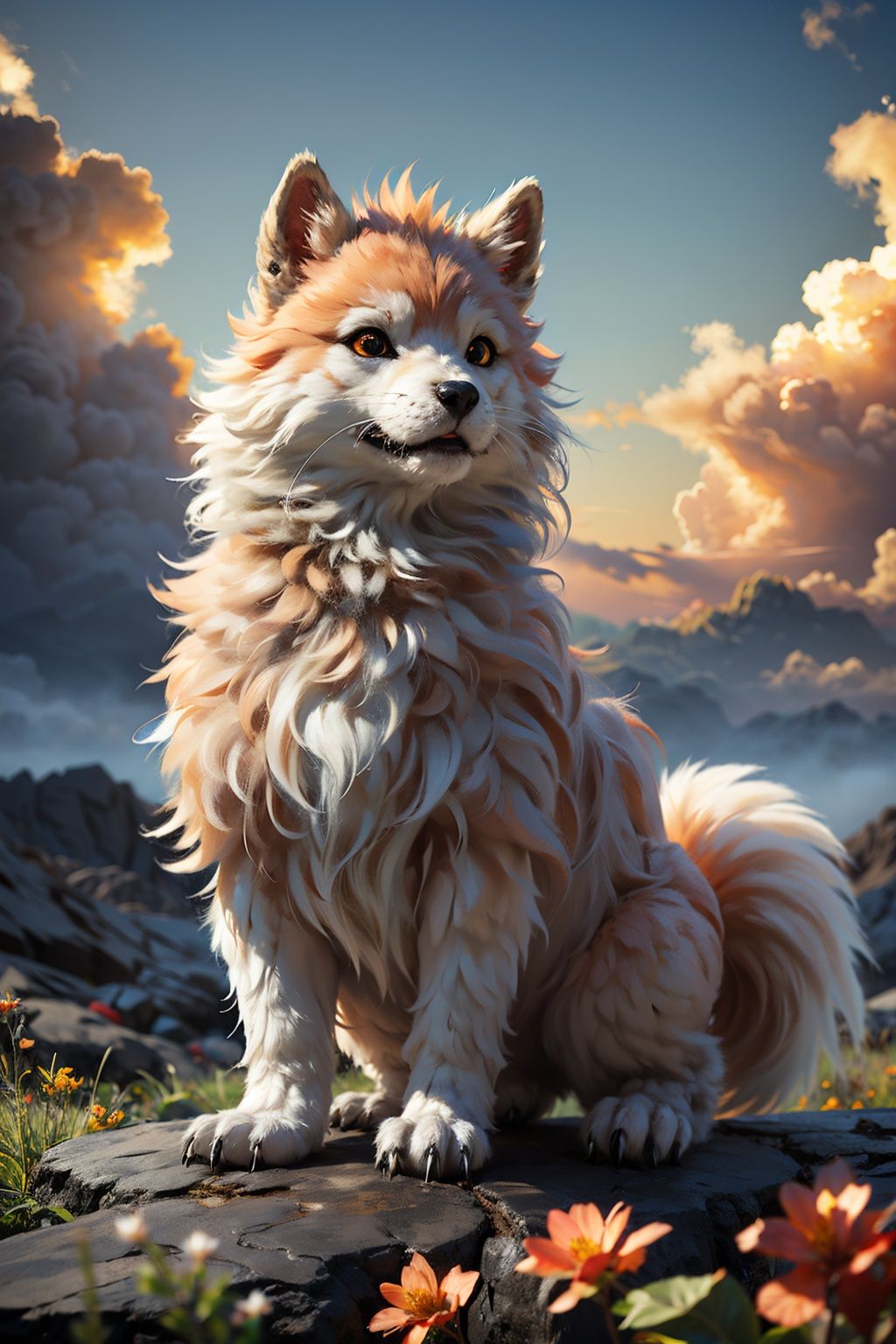 maorong fengge,unity 8k wallpaper,best quality,masterpiece,werewolf,(photorealistic:1.4),cloudy sky,cloud,standing,chanpingtu,sunlight,(looking at viewer:1.2),(ultra detailed:1.3),light rays,luozilan,flower,looking at viewer,<lora:调亮度-2~2 add_brightness:0.6>,full body,scenery,cloud,sky,day,flower,outdoors,<lora:maorongfengge:0.7>,