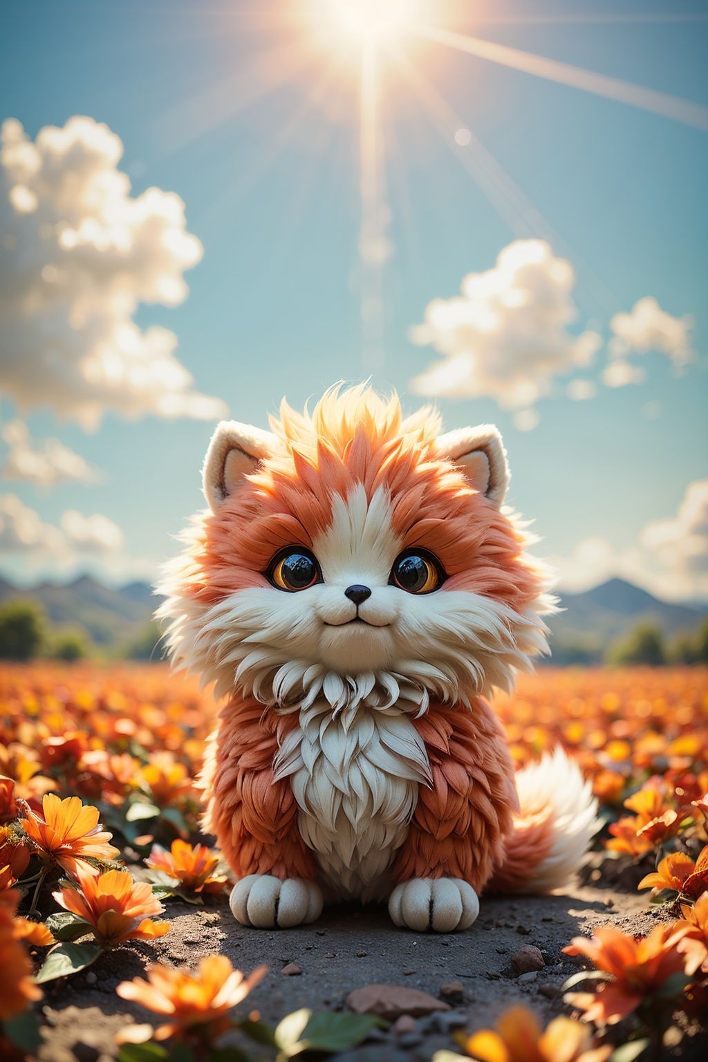 dog,maorong fengge,unity 8k wallpaper,best quality,chibi,masterpiece,(photorealistic:1.4),cloudy sky,cloud,standing,chanpingtu,sunlight,(looking at viewer:1.2),(ultra detailed:1.3),light rays,luozilan,flower,looking at viewer,<lora:调亮度-2~2 add_brightness:0.6>,full body,scenery,cloud,sky,day,flower,outdoors,<lora:maorongfengge:0.7>,