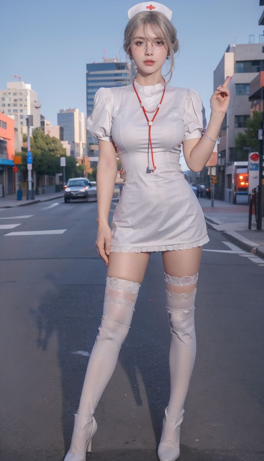 masterpiece,best quality,(cityscape:1.4),(street:1.4),(front view:1.3),(full body:1.2),(outdoors:1.3),(photorealistic:1.4),unity 8k wallpaper,(large breasts:1.3),see-through,(thighhighs:1.2),(ultra detailed:1.3),standing,1girl,solo,glasses,nurse,nurse cap,lips,hair ornament,<lora:hushiv1:0.7>,