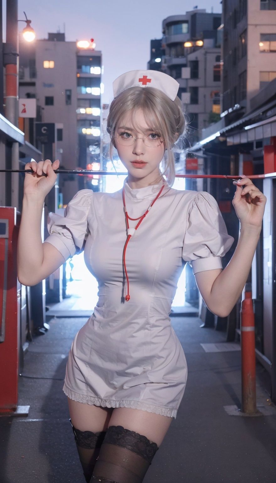 masterpiece,best quality,(cityscape:1.4),(street:1.4),(front view:1.3),(full body:1.2),(outdoors:1.3),(photorealistic:1.4),unity 8k wallpaper,(large breasts:1.3),see-through,(thighhighs:1.2),(ultra detailed:1.3),standing,1girl,solo,glasses,nurse,nurse cap,lips,hair ornament,<lora:hushiv1:0.7>,