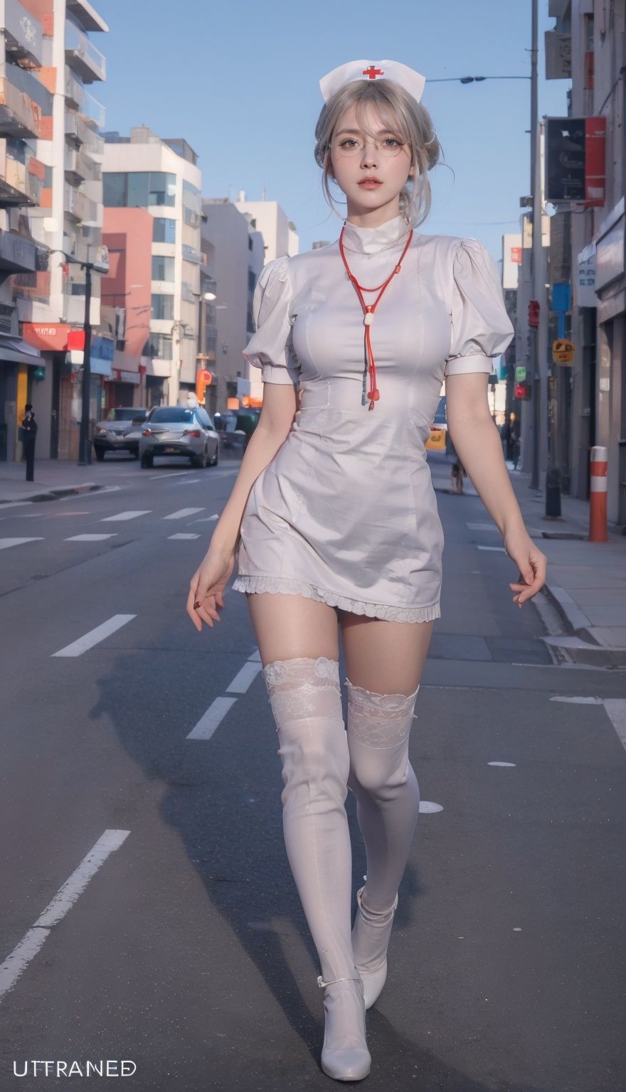 masterpiece,best quality,(cityscape:1.4),(street:1.4),(front view:1.3),(full body:1.2),(outdoors:1.3),(photorealistic:1.4),unity 8k wallpaper,(large breasts:1.3),see-through,(thighhighs:1.2),(ultra detailed:1.3),standing,1girl,solo,glasses,nurse,nurse cap,lips,hair ornament,<lora:hushiv1:0.7>,