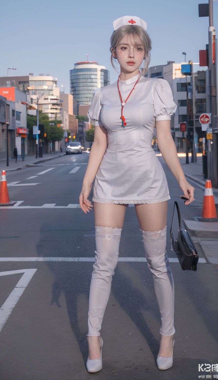 masterpiece,best quality,(cityscape:1.4),(street:1.4),(front view:1.3),(full body:1.2),(outdoors:1.3),(photorealistic:1.4),unity 8k wallpaper,(large breasts:1.3),(ultra detailed:1.3),standing,1girl,solo,hushizhuang,glasses,nurse,nurse cap,lips,white thighhighs,hair ornament,<lora:hushiv1:0.7>,