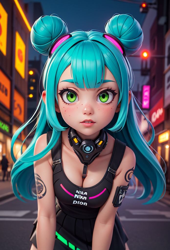 1girl,  A mesmerizing female cyberpunk street artist,  creating a vivid and detailed holographic mural in a neon-lit urban...