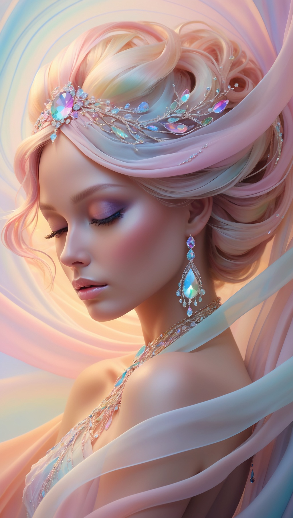 Abstract style hauntingly ethereal portrait of a mysterious figure draped in translucent fabric,  crystals adorning their...