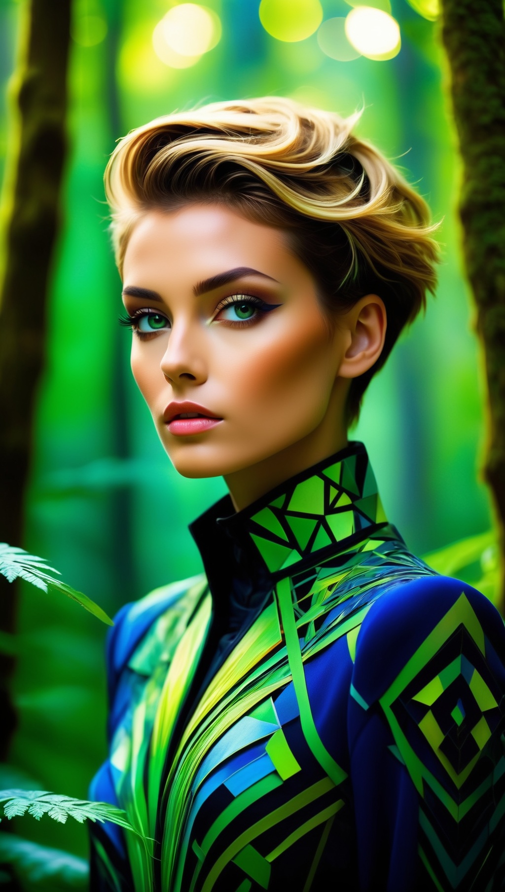 A surreal and creative image of a beautiful androgynous person in the style of Paul Lehr. The background is surrounded by...