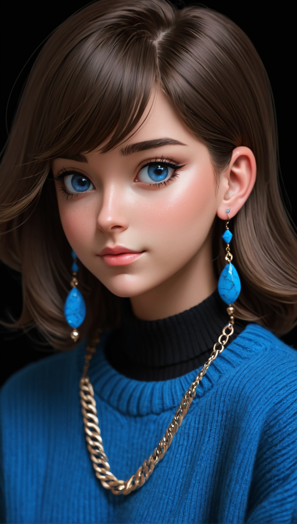 1girl,  blue sweater,  black background on Tensor.Art