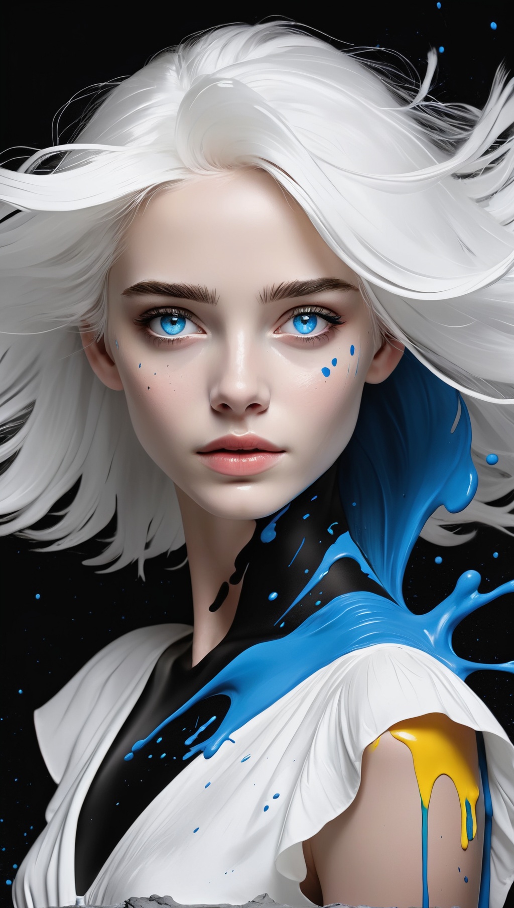 a woman with white hair and blue eyes is in a white dress with a black background and a splash of paint on Tensor.Art
