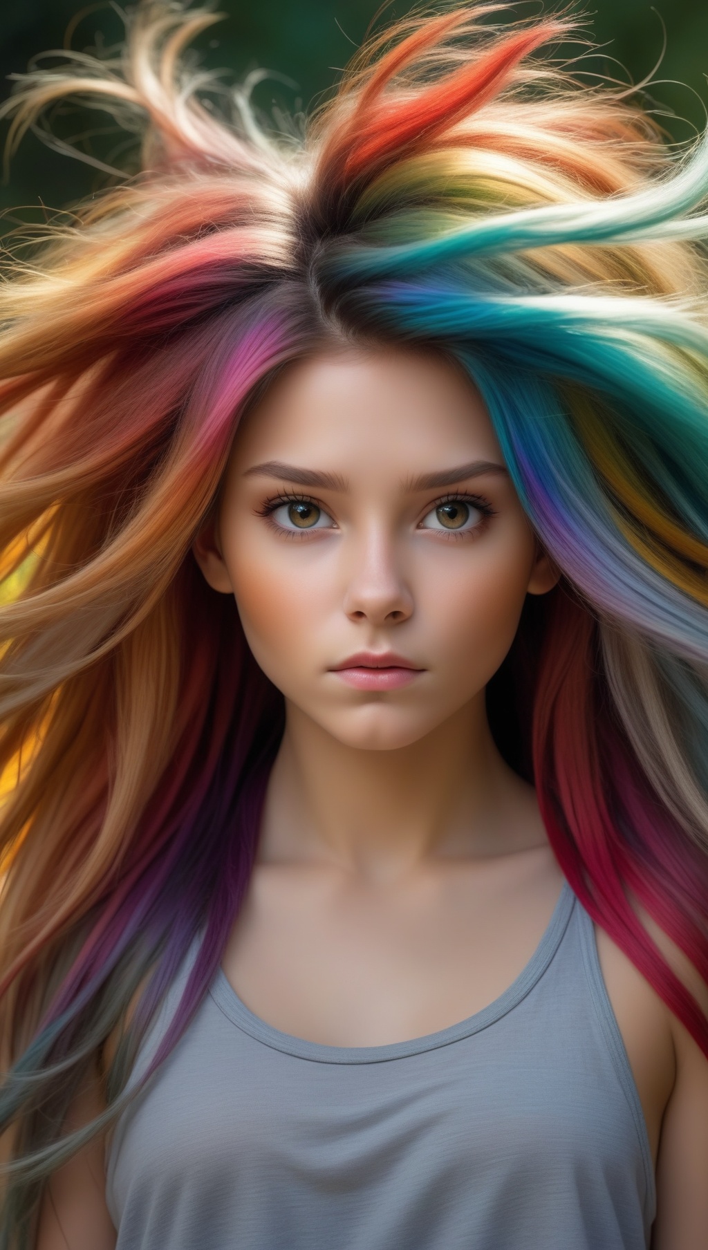 girl with really wild hair,  mane,  multicolored hairlighting on Tensor.Art