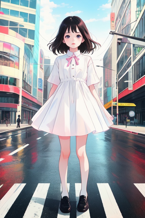 A small girl standing at the center of an intersection,  ,  Young beauty spirit on Tensor.Art