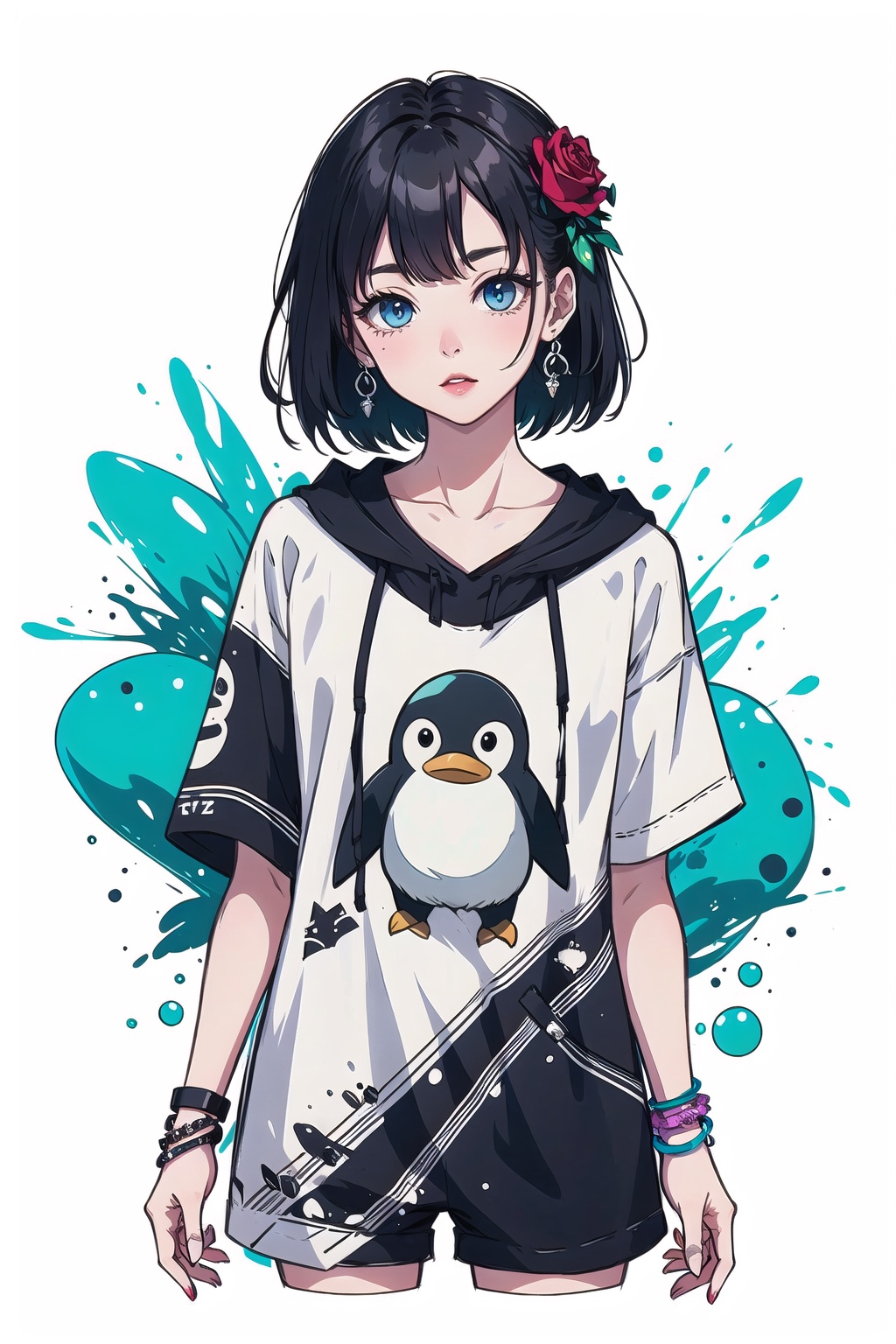 penguin girl,  rose print,  flower bracelets graffiti on Tensor.Art