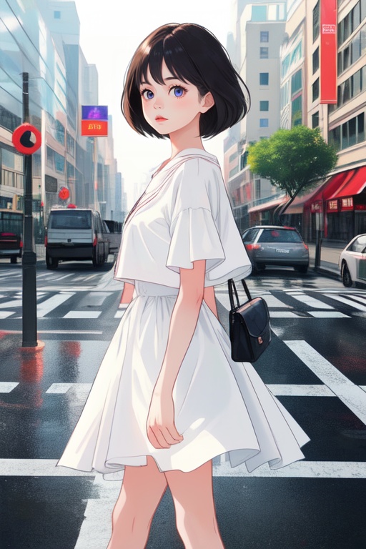 A girl standing at the center of an intersection,  ,  Young beauty spirit on Tensor.Art