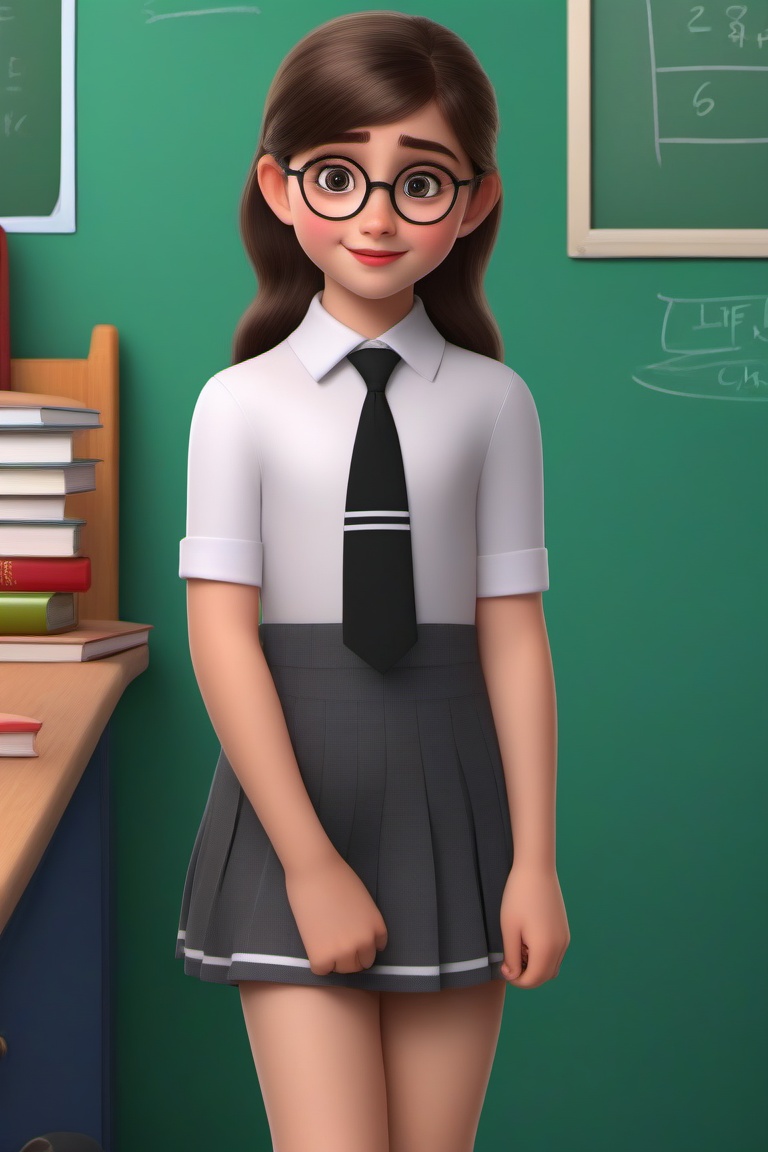 disney style,  one girl wearing round glasses in school dress,  short skirt and socks. white shirt with black necktie by G...