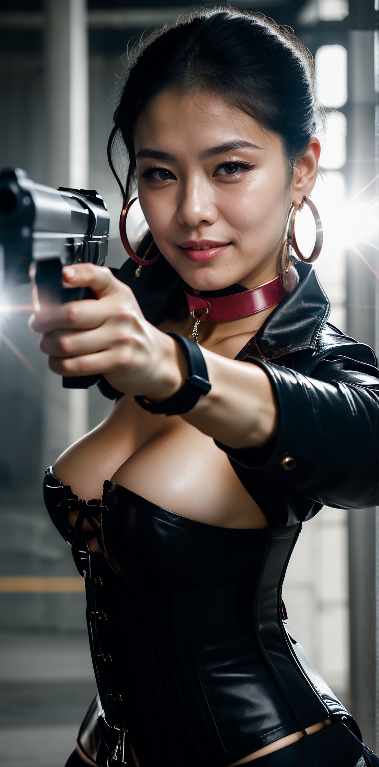beautiful Asian Claramorningstar,  latex choker,  leather jacket on Tensor.Art