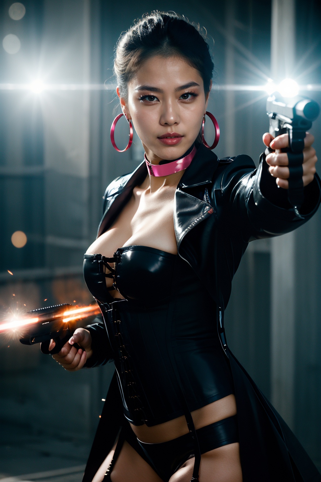 beautiful Asian Claramorningstar,  latex choker,  leather jacket trenchcoat on Tensor.Art