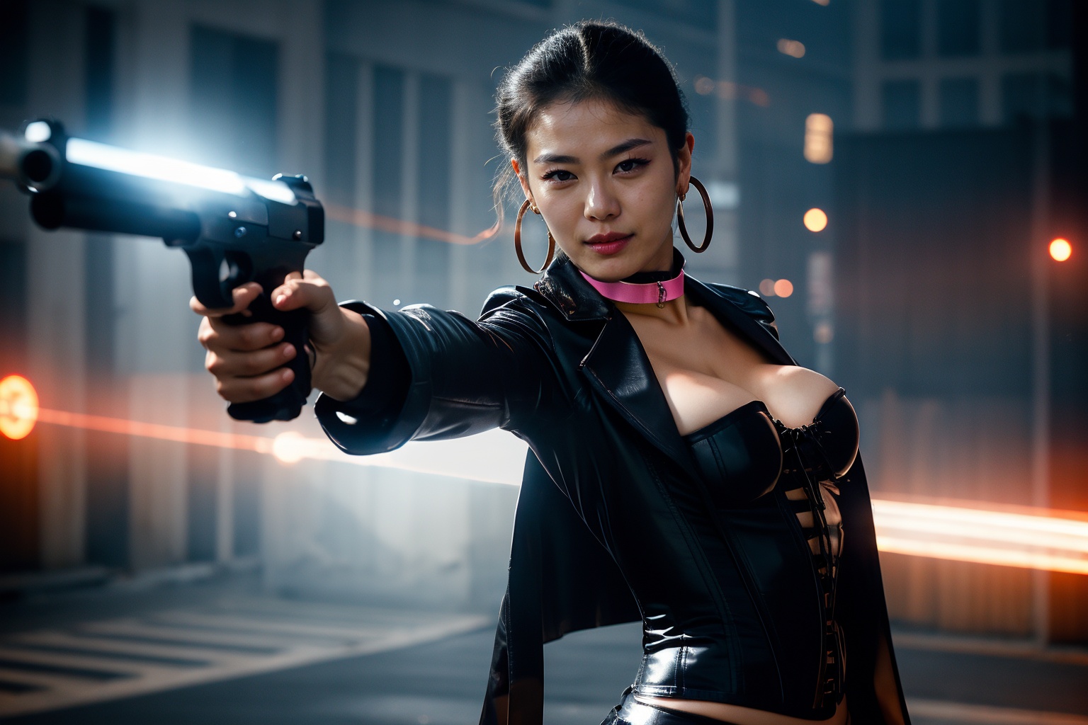 beautiful Asian Claramorningstar,  latex choker,  leather jacket cape on Tensor.Art