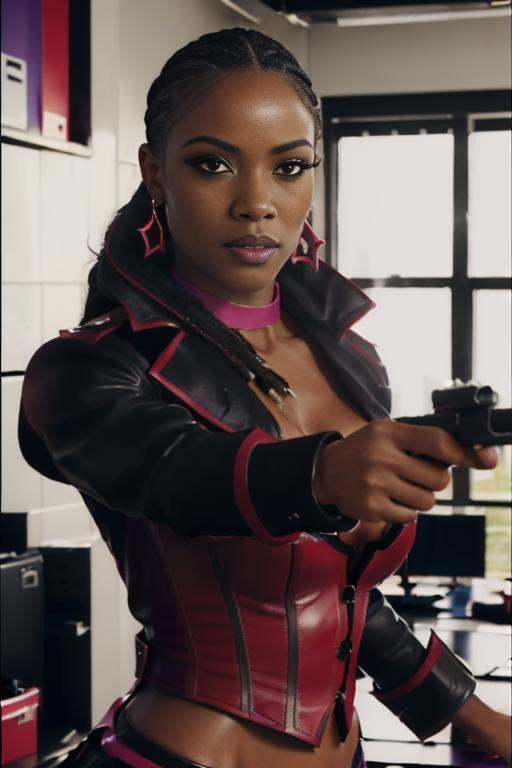 RAW photo of zoeymorningstar,  firing a gun,  highly detailed on Tensor.Art