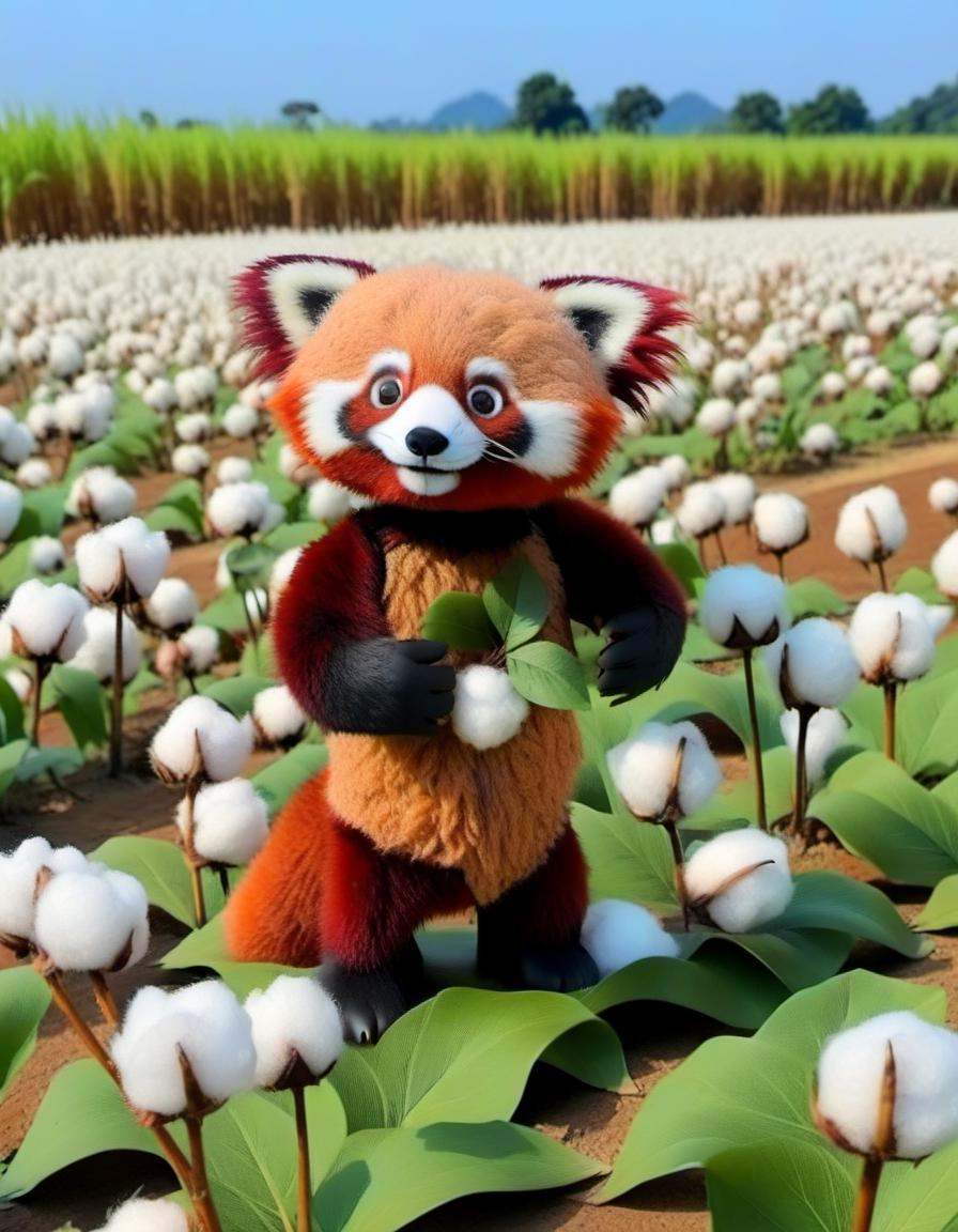 character,  a Red panda in Cotton Field landscape at Lunchtime on Tensor.Art