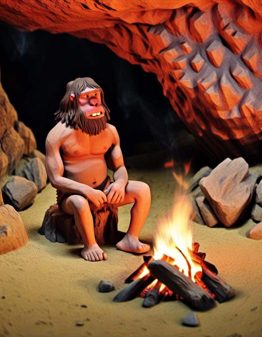 clay,  a caveman sitting near a bonfire in a cave,  prehistoric on Tensor.Art
