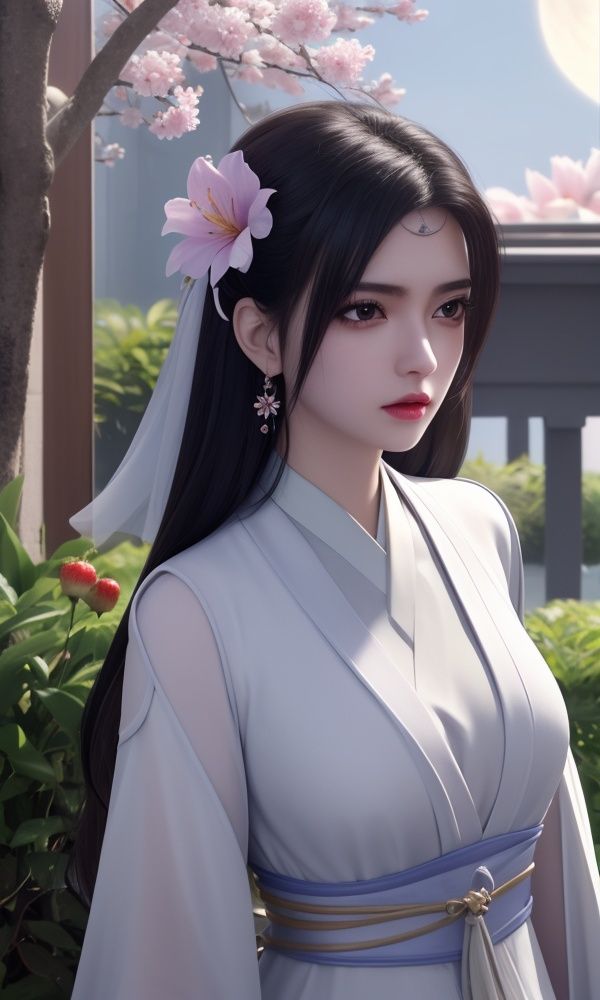 (,1girl, ,best quality, )<lora:336-DA-仙武传-楚萱儿:0.6>,, ,masterpiece, (( , )),, realistic,science fiction,mole, ultra realistic 8k cg, ,tamari \(flawless\),     ,lily \(flower\) ,full moon ,strawberry blossoms      (()), (),