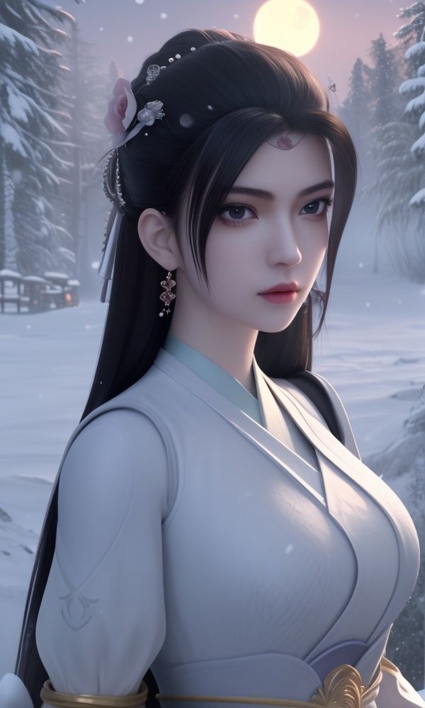 (,1girl, ,best quality, )<lora:336-DA-仙武传-楚萱儿:0.8>,, ,masterpiece, (( , )),, realistic,science fiction,mole, ultra realistic 8k cg, ,tamari \(flawless\),     ,outdoors, snow, snowing, snow on head, sun,sunset,sunlight,moonlight,full moon, red moon,  crescent moon,  crescent rose,  black rose,       (()), (),