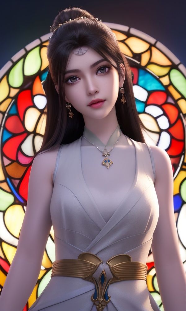 (,1girl, ,best quality, )<lora:336-DA-仙武传-楚萱儿:0.7>,, (close-up portrait),(upper body:1.22),(realistic:1.11),(Photo-referencing),HDR,Studio Lighting,Soft Lighting, (symmetric beautiful detailed eyes),Sparkling eyes,red eye shadow,(long eyelashes), a slender petite little girl,Delicate muscle lines,(Skinny body),(solo:1.5),( looking at viewer:1.22),The white shiny skin, (smirk:1.2),(dynamic pose),(arms behind back),arms at sides, (very long payot),(Absurdly long Brown straight hair:1.22),parted bangs, (floating hair), (jewelry:1.17), necklace, earrings,(colorful:1.27),(stained glass background),(dress:1.17),,
