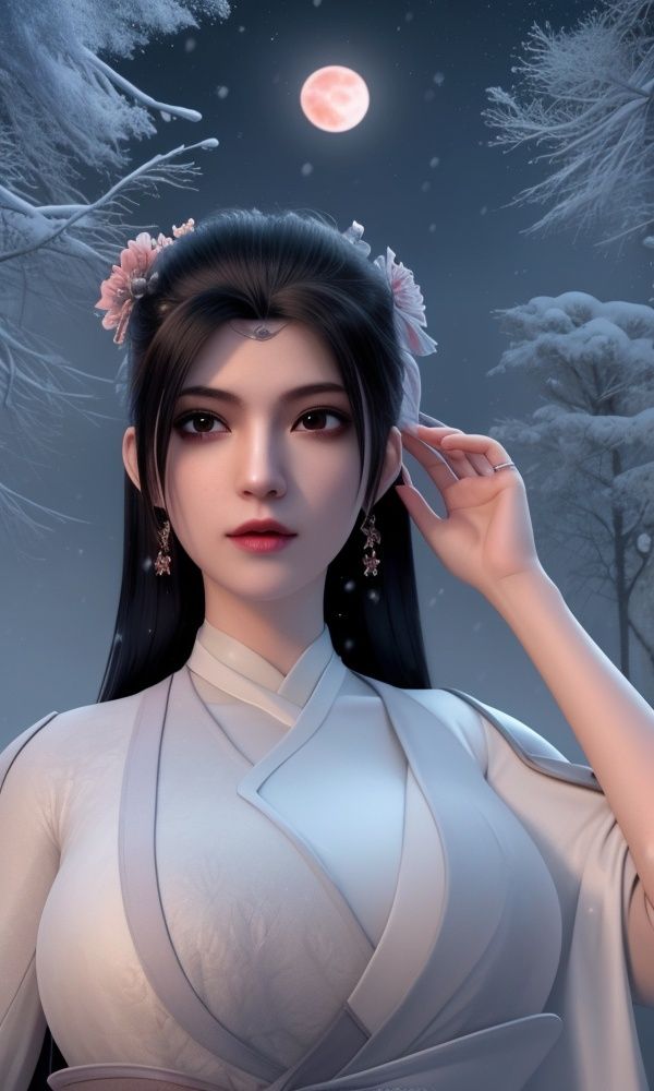 (,1girl, ,best quality, )<lora:336-DA-仙武传-楚萱儿:0.8>,, ,masterpiece, (( , )),, realistic,science fiction,mole, ultra realistic 8k cg, ,tamari \(flawless\),     ,outdoors, snow, snowing, snow on head, sun,sunset,sunlight,moonlight,full moon, red moon,  crescent moon,  crescent rose,  black rose,       (()), (),