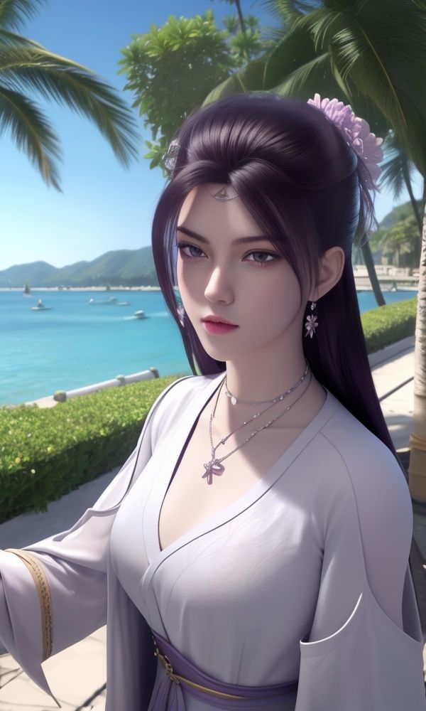 (,1girl, ,best quality, )<lora:336-DA-仙武传-楚萱儿:0.8> ultra realistic 8k cg, picture-perfect face, flawless, clean, masterpiece, professional artwork, famous artwork, cinematic lighting, cinematic bloom,ocean, pool, water, 1girl, horizon, beach, poolside, tree, purple_hair, shore, solo, lake, palm_tree, breasts, day, long_hair, necklace, outdoors, sky, purple_eyes,