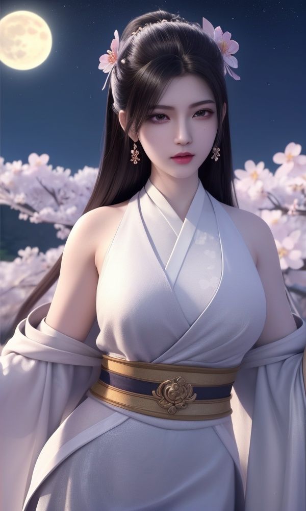 (,1girl, ,best quality, )<lora:336-DA-仙武传-楚萱儿:0.6>,, ,masterpiece,(( , )),, realistic,science fiction,mole,,ultra realistic 8k cg, flawless,tamari \(flawless\),  ,cherry blossoms,,night, night sky, crescent moon, moonlight,,(facing viewer, looking at viewer, , ),  (()), (),