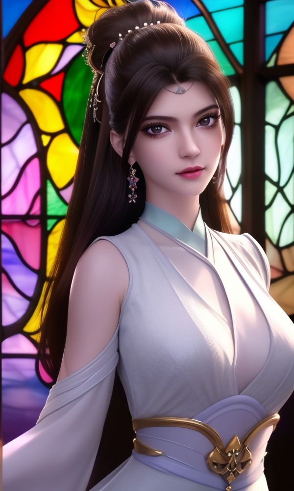 (,1girl, ,best quality, )<lora:336-DA-仙武传-楚萱儿:0.7>,, (close-up portrait),(upper body:1.22),(realistic:1.11),(Photo-referencing),HDR,Studio Lighting,Soft Lighting, (symmetric beautiful detailed eyes),Sparkling eyes,red eye shadow,(long eyelashes), a slender petite little girl,Delicate muscle lines,(Skinny body),(solo:1.5),( looking at viewer:1.22),The white shiny skin, (smirk:1.2),(dynamic pose),(arms behind back),arms at sides, (very long payot),(Absurdly long Brown straight hair:1.22),parted bangs, (floating hair), (jewelry:1.17), necklace, earrings,(colorful:1.27),(stained glass background),(dress:1.17),,