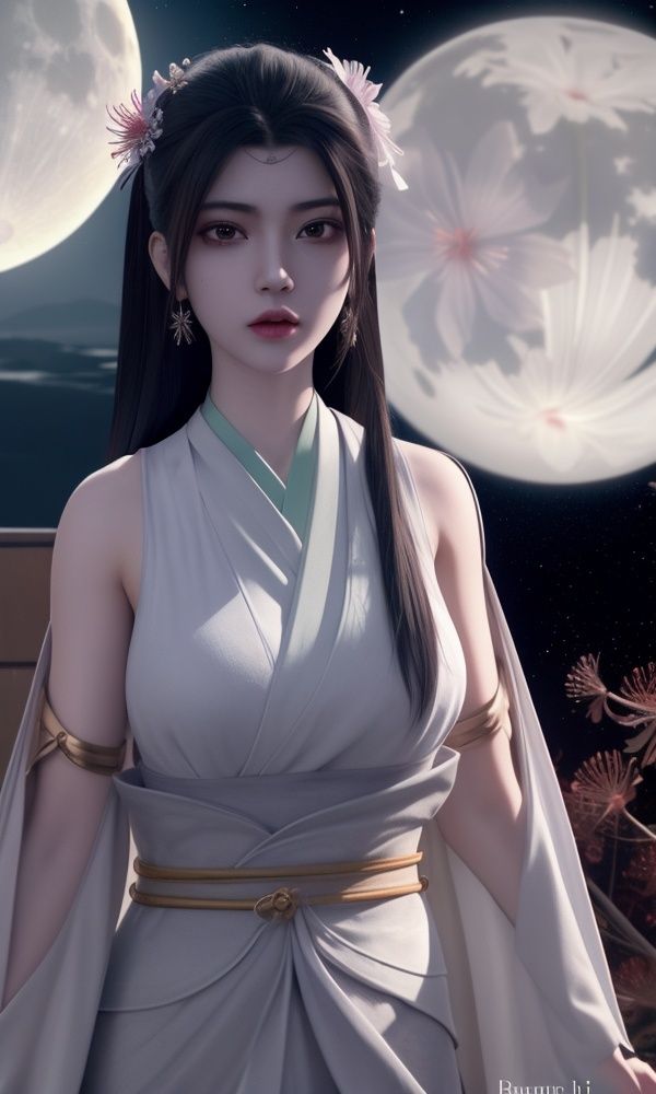 (,1girl, ,best quality, )<lora:336-DA-仙武传-楚萱儿:0.7>,, ,masterpiece, (( , )),, realistic,science fiction,mole, ultra realistic 8k cg, ,tamari \(flawless\),     ,spider lily,full moon (()), (),