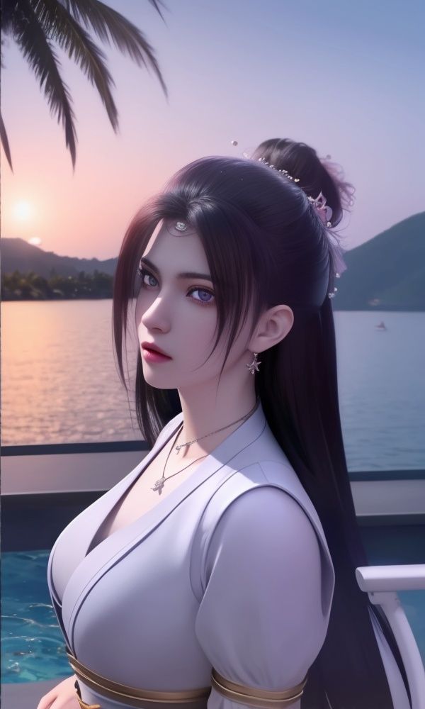 (,1girl, ,best quality, )<lora:336-DA-仙武传-楚萱儿:0.8> ultra realistic 8k cg, picture-perfect face, flawless, clean, masterpiece, professional artwork, famous artwork, cinematic lighting, cinematic bloom,ocean, pool, water, 1girl, horizon, beach, poolside, tree, purple_hair, shore, solo, lake, palm_tree, breasts, day, long_hair, necklace, outdoors, sky, purple_eyes,