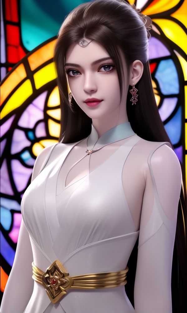 (,1girl, ,best quality, )<lora:336-DA-仙武传-楚萱儿:0.7>,, (close-up portrait),(upper body:1.22),(realistic:1.11),(Photo-referencing),HDR,Studio Lighting,Soft Lighting, (symmetric beautiful detailed eyes),Sparkling eyes,red eye shadow,(long eyelashes), a slender petite little girl,Delicate muscle lines,(Skinny body),(solo:1.5),( looking at viewer:1.22),The white shiny skin, (smirk:1.2),(dynamic pose),(arms behind back),arms at sides, (very long payot),(Absurdly long Brown straight hair:1.22),parted bangs, (floating hair), (jewelry:1.17), necklace, earrings,(colorful:1.27),(stained glass background),(dress:1.17),,