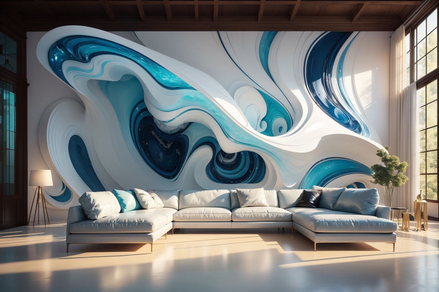 (Best quality, 4K, architectural photography, masterpiece: 1.2), indoor, people resting on sofas, (installation art), bold lighting, blue and white colors, wavy resin board, flowing resin board background, depth of field, many flowers, leather sofas, details, high-definition

