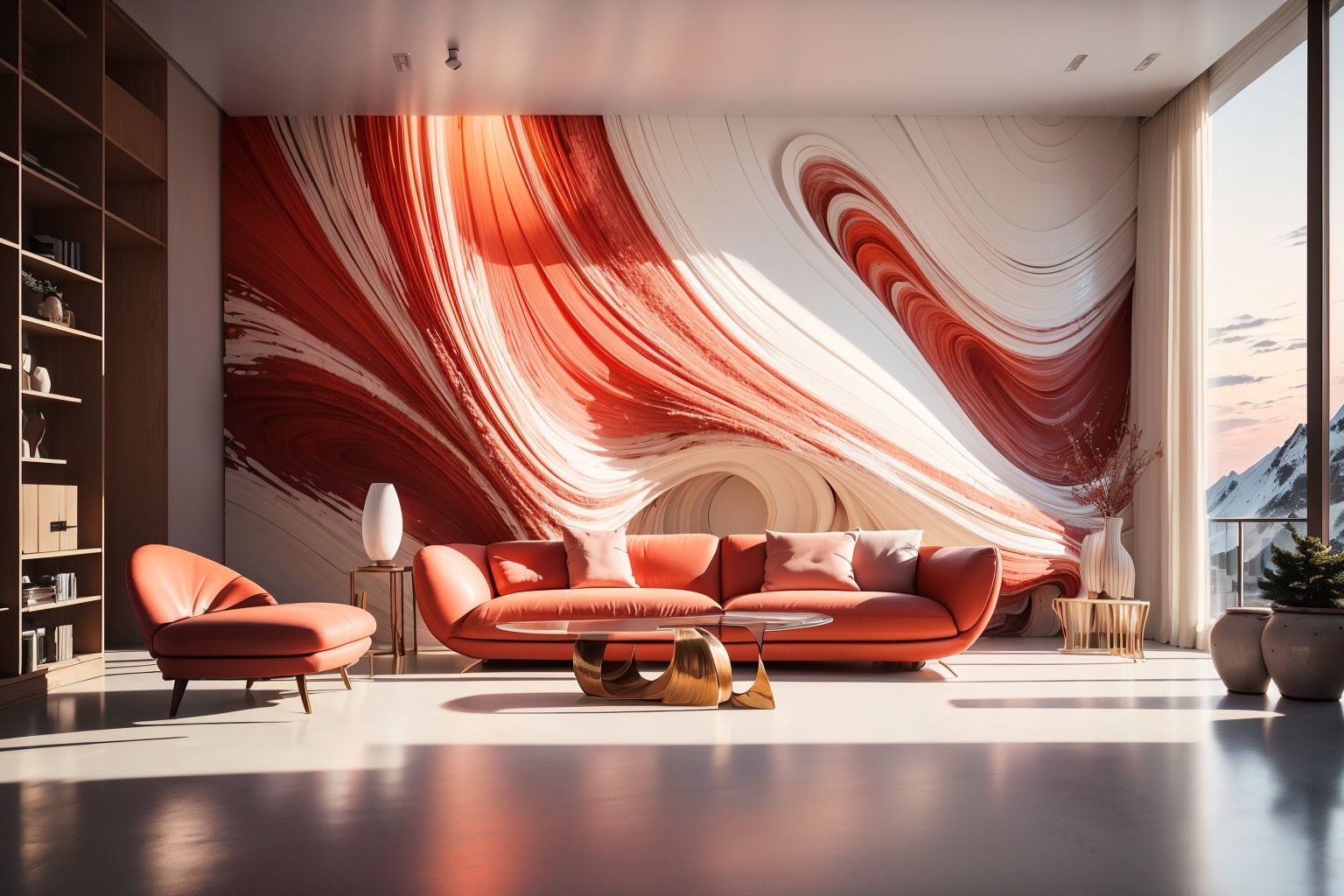 (best quality, 4K, architectural photography, masterpiece: 1.2), (realistic: 1.4), indoor, (installation art), a group of people standing in front of floor-to-ceiling windows, distant snow mountain scenery, bold use of light, light red and white, wavy resin board, silhouette lighting, artistic arrangement of greening
