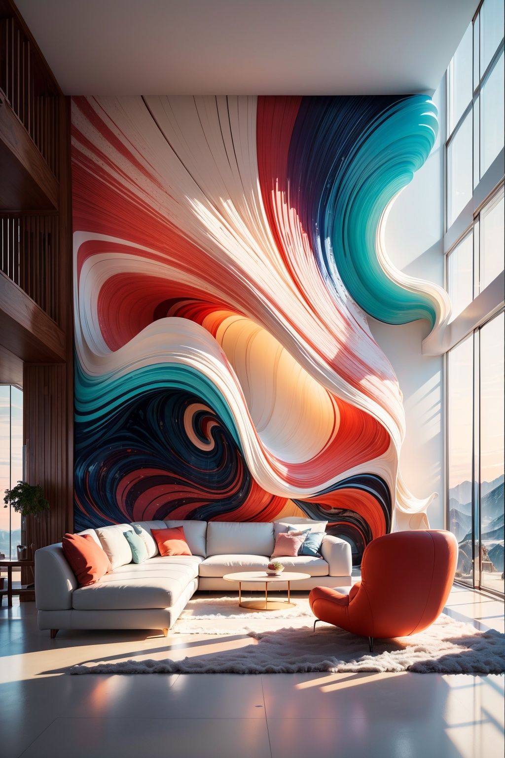 (best quality, 4K, architectural photography, masterpiece: 1.2), (realistic: 1.4), indoor, (installation art), a group of people standing in front of floor-to-ceiling windows, distant snow mountain scenery, bold use of light, light red and white, wavy resin board, silhouette lighting, artistic arrangement of greening
