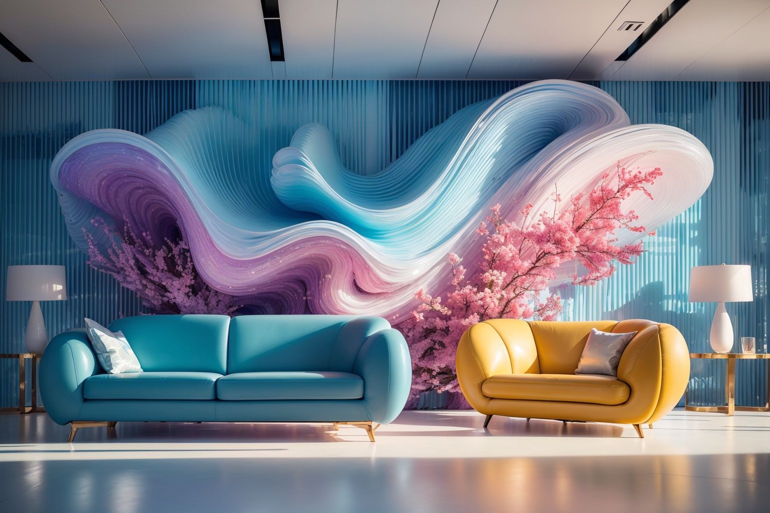 (Best quality, 4K, architectural photography, masterpiece: 1.2), indoor, people resting on sofas, (installation art), bold lighting, blue and white colors, wavy resin board, flowing resin board background, depth of field, many flowers, leather sofas, details, high-definition

