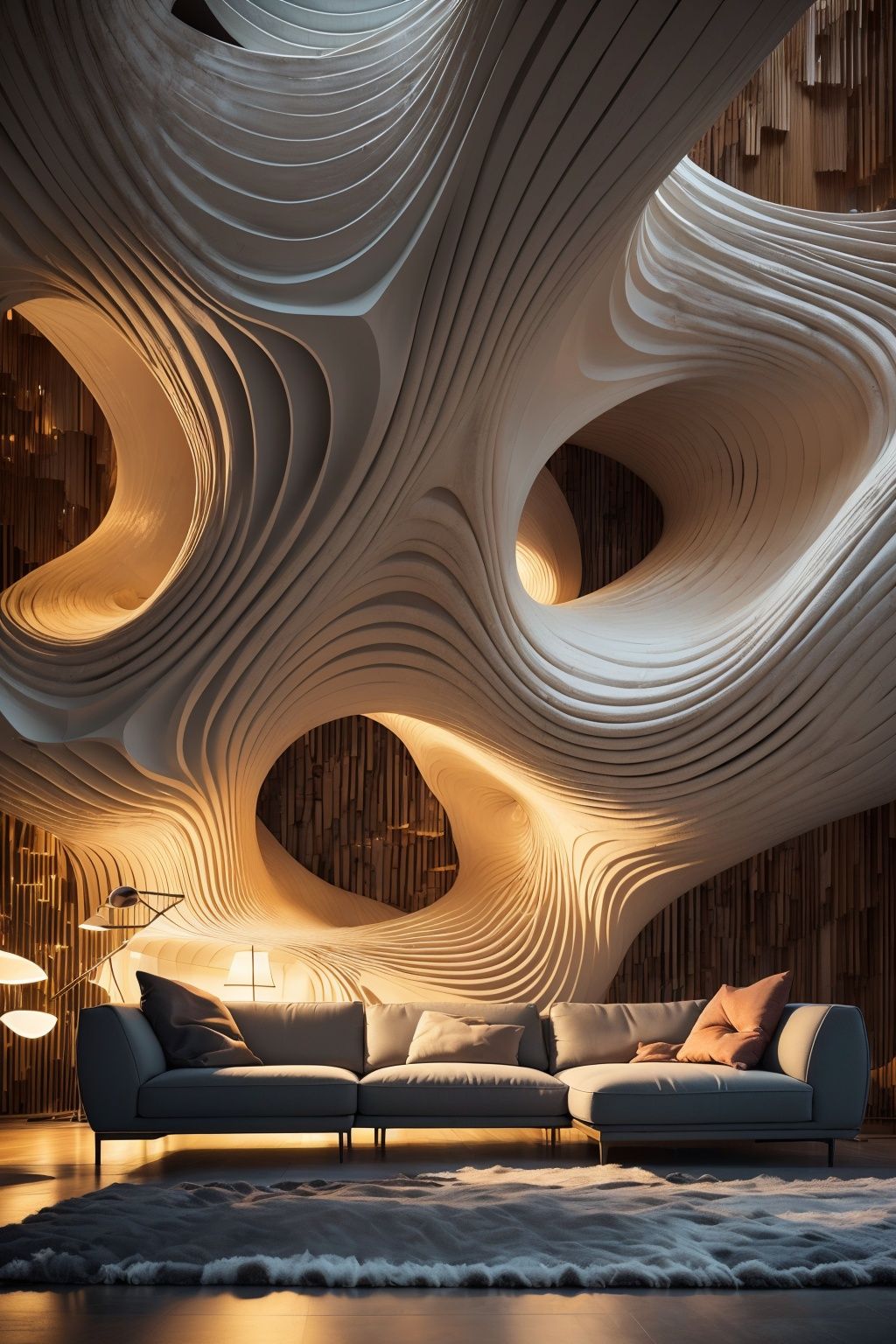  (Best quality, 4K, architectural photography, Masterpiece: 1.2), (Realiy: 1.4), (Installation art:1.2), bold lighting, Complex log curved modeling background, depth of fields,Gray sofa,Detailed details,High-definition realism,Installation Art