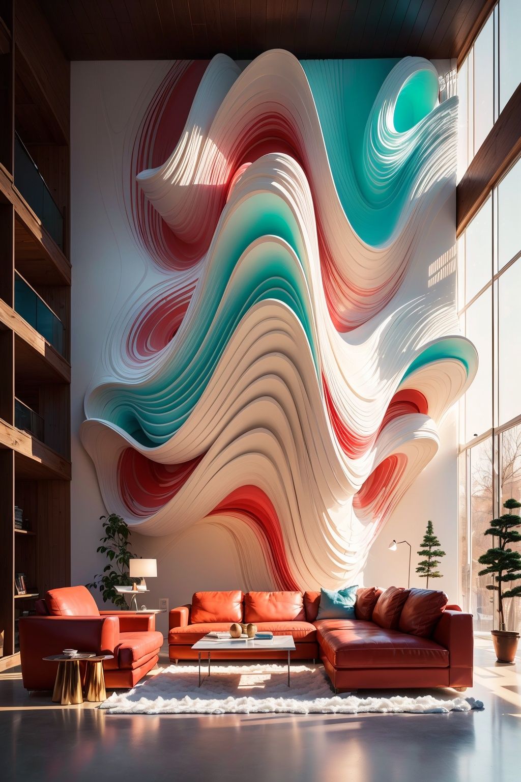 (best quality, 4K, architectural photography, masterpiece: 1.2), (realistic: 1.4), indoor, (installation art), a group of people standing in front of floor-to-ceiling windows, distant snow mountain scenery, bold use of light, light red and white, wavy resin board, silhouette lighting, artistic arrangement of greening
