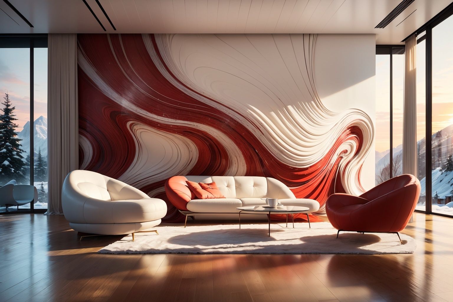(best quality, 4K, architectural photography, masterpiece: 1.2), (realistic: 1.4), indoor, (installation art), a group of people standing in front of floor-to-ceiling windows, distant snow mountain scenery, bold use of light, light red and white, wavy resin board, silhouette lighting, artistic arrangement of greening
