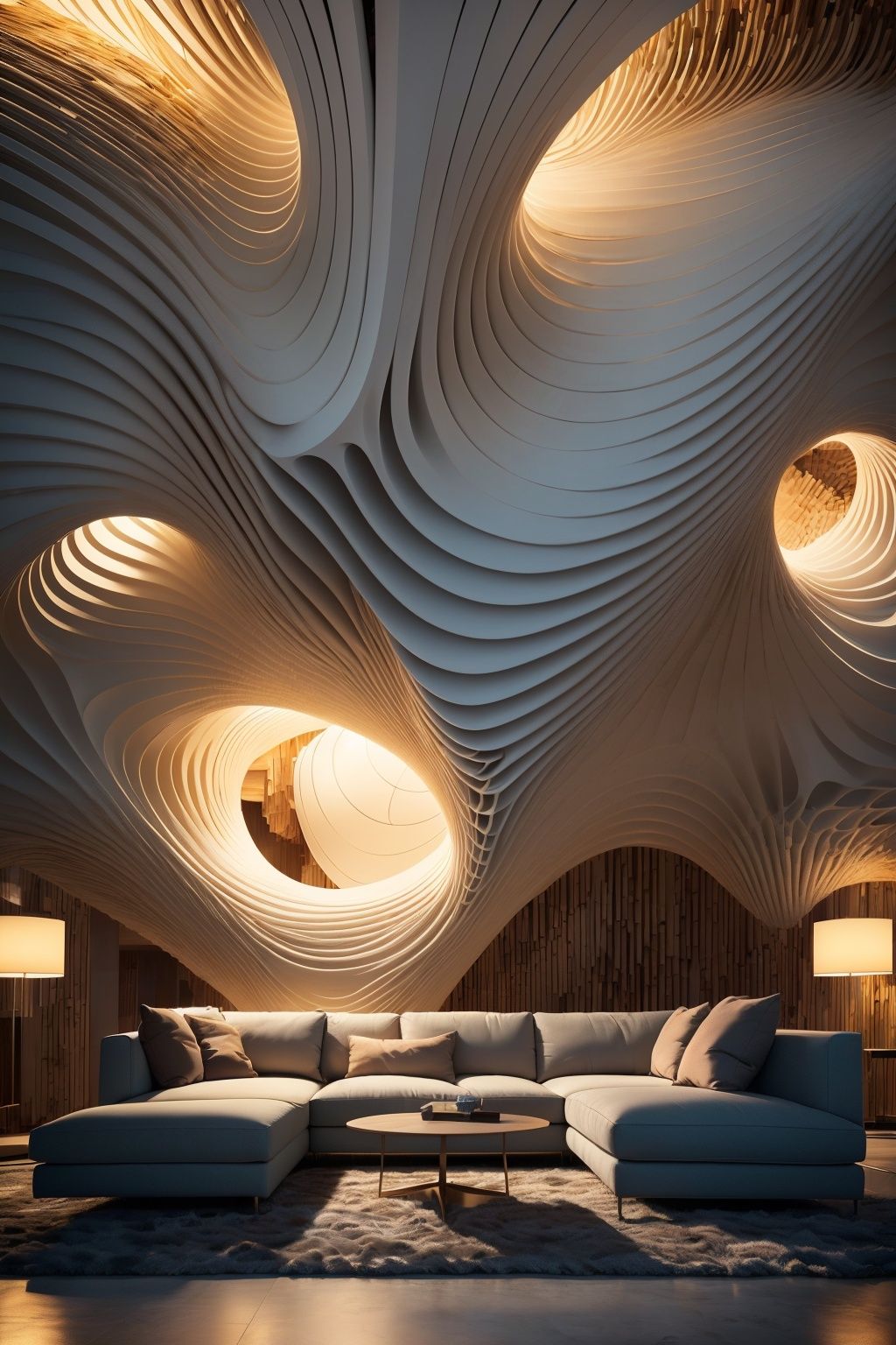  (Best quality, 4K, architectural photography, Masterpiece: 1.2), (Realiy: 1.4), (Installation art:1.2), bold lighting, Complex log curved modeling background, depth of fields,Gray sofa,Detailed details,High-definition realism,Installation Art