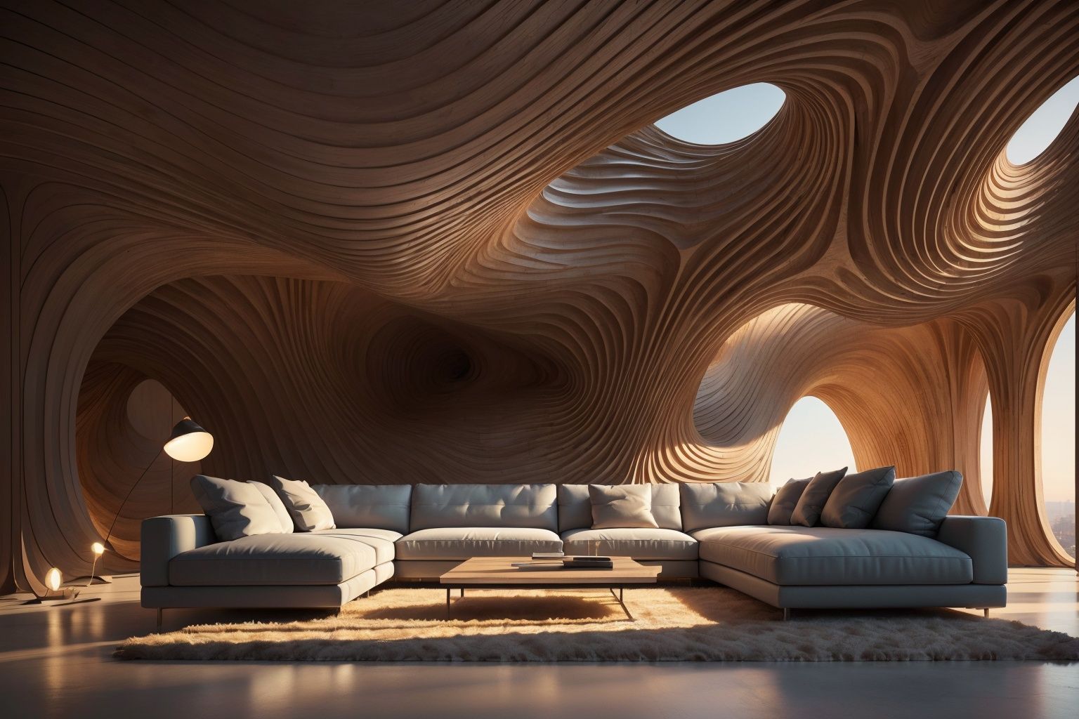  (Best quality, 4K, architectural photography, Masterpiece: 1.2), (Realiy: 1.4), (Installation art:1.2), bold lighting, Complex log curved modeling background, depth of fields,Gray sofa,Detailed details,High-definition realism,Installation Art