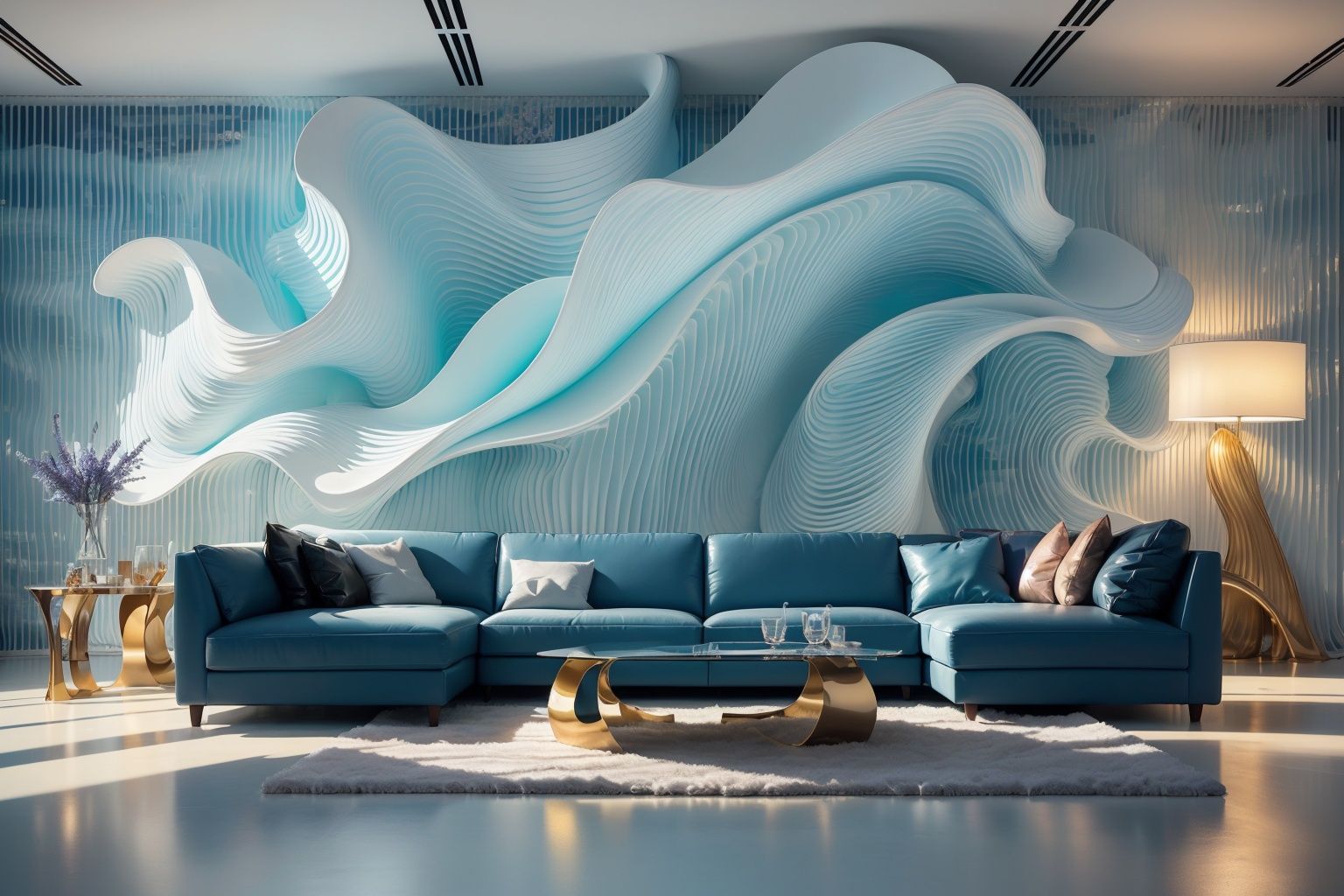(best quality, 4K, architectural photography, masterpiece: 1.2), (full truth: 1.4), indoor, (installation art), bold lighting, blue and white colors, wavy resin plate, fluid background, depth of field, many flowers, leather sofa, detailed details, high definition
