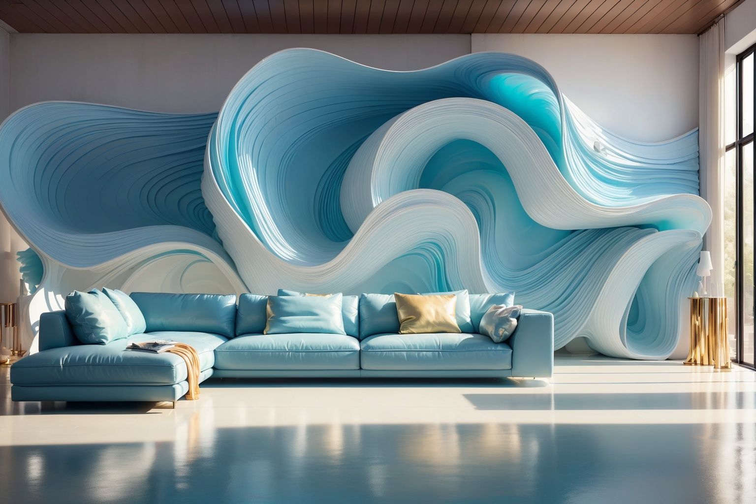 (best quality, 4K, architectural photography, masterpiece: 1.2), (full truth: 1.4), indoor, (installation art), bold lighting, blue and white colors, wavy resin plate, fluid background, depth of field, many flowers, leather sofa, detailed details, high definition
