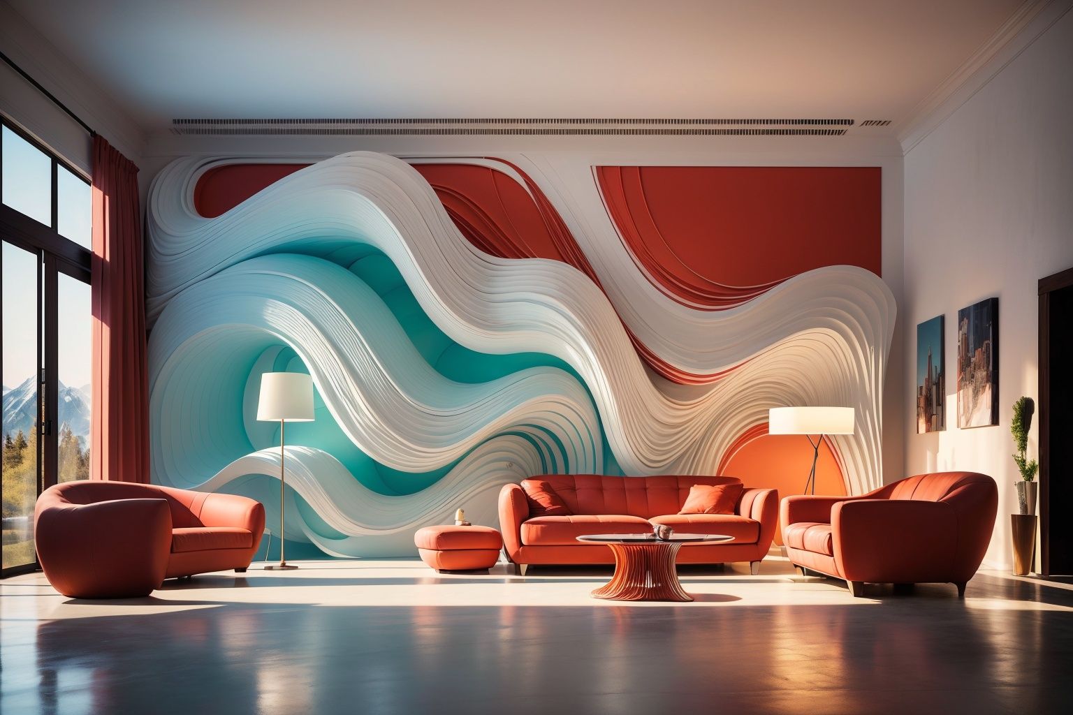 (best quality, 4K, architectural photography, masterpiece: 1.2), (realistic: 1.4), indoor, (installation art), a group of people standing in front of floor-to-ceiling windows, distant snow mountain scenery, bold use of light, light red and white, wavy resin board, silhouette lighting, artistic arrangement of greening
