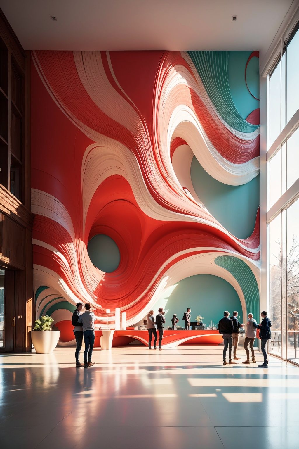 (best quality, 4K, architectural photography, masterpiece: 1.2), (realistic: 1.4), indoor, (installation art), a group of people standing in front of floor-to-ceiling windows, distant snow mountain scenery, bold use of light, light red and white, wavy resin board, silhouette lighting, artistic arrangement of greening
