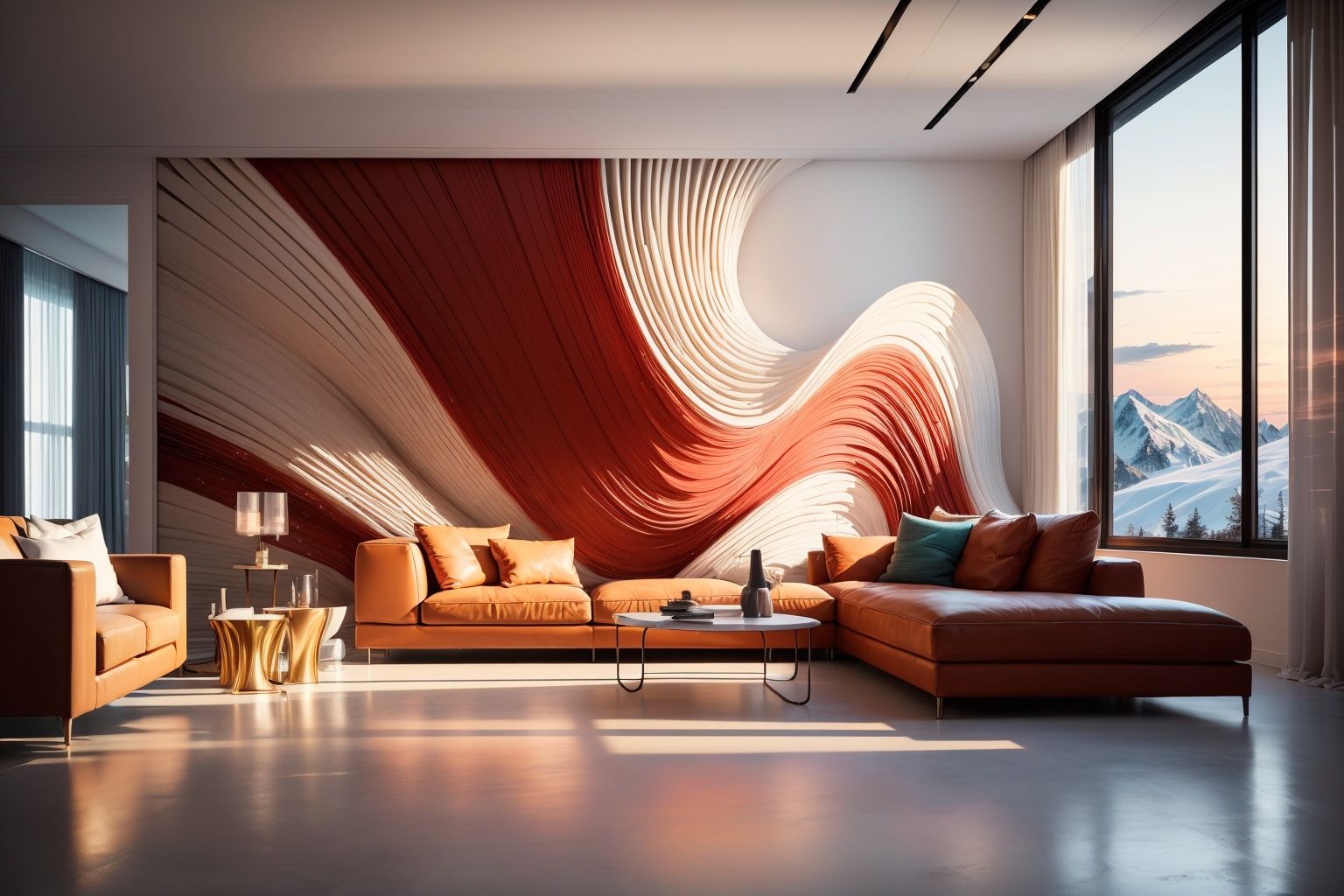(best quality, 4K, architectural photography, masterpiece: 1.2), (realistic: 1.4), indoor, (installation art), a group of people standing in front of floor-to-ceiling windows, distant snow mountain scenery, bold use of light, light red and white, wavy resin board, silhouette lighting, artistic arrangement of greening
